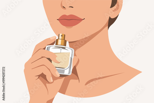 Woman applying perfume on her neck, enjoying fresh scent of fragrance for beauty and personal hygiene