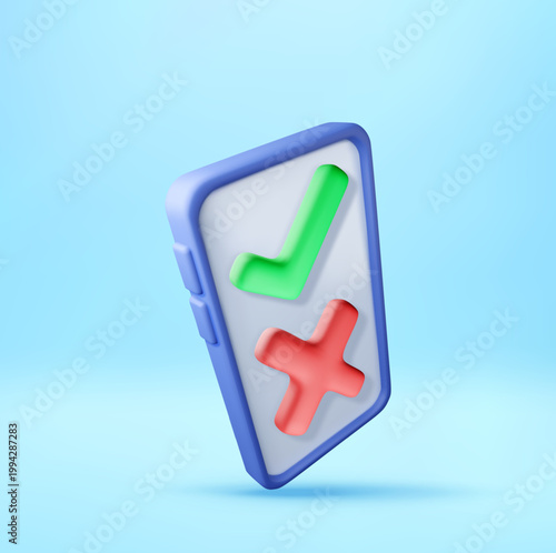 3D Smartphone with check mark and cross sign on screen. Mobile device showing selection concept. Choice between true or false, affirmative or negative decision, internet test poll. Vector illustration