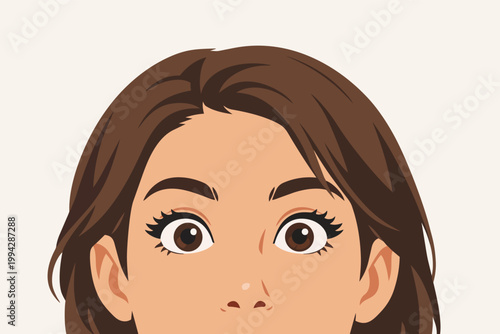 Woman peeking with wide eyes, expressing surprise and curiosity, spying or looking over something