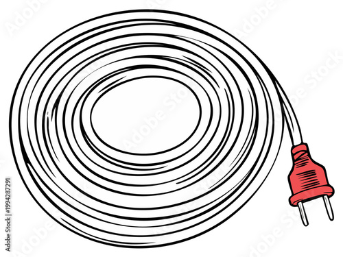 Coiled electric cord with plug illustration, a close-up of a long coiled power cable with red connector for domestic appliances