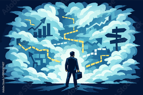 Businessman facing path of strategic decisions, navigating business opportunities, future growth, and market uncertainty
