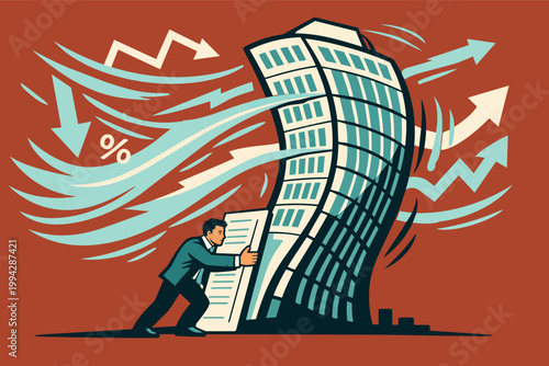 Businessman supporting a leaning building, symbolizing resilience and stability amidst economic downturns and market fluctuations