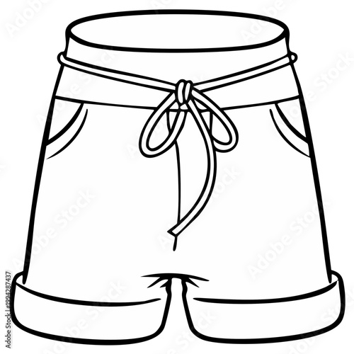 Black and White Illustration of Casual Shorts with a Drawstring Waist for Summer Fashion