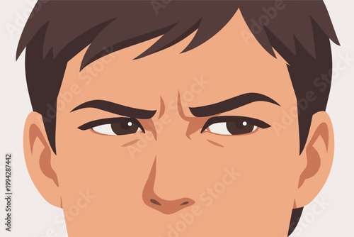 Man's face showing distrust and suspicion with a questioning expression. Looking sideways, feeling doubt or disbelief