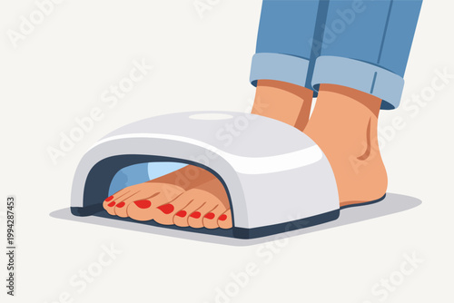Woman drying painted toenails under a uv lamp, receiving a professional pedicure for beauty and care