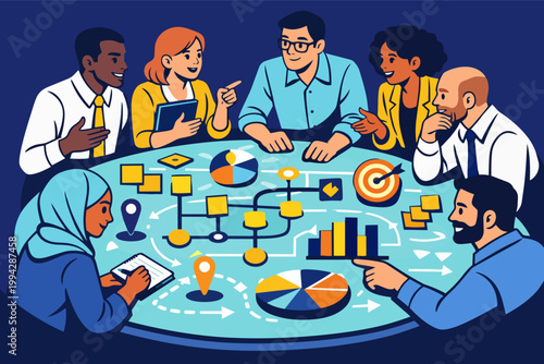 Diverse business team collaborating, analyzing data visualizations and planning strategy on an interactive digital board