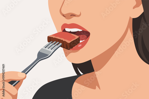 Woman eating a piece of cooked meat from a fork, enjoying a steak meal, showing dining and hunger concept