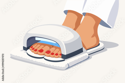 Woman drying red toenails at a professional salon using a uv lamp for a pedicure beauty treatment