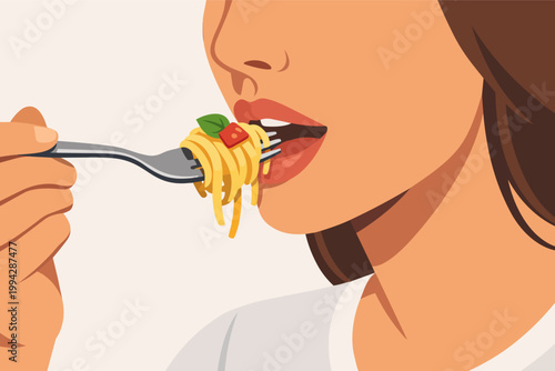 Woman bringing a fork full of spaghetti pasta with sauce and basil to her mouth, enjoying the taste of italian food