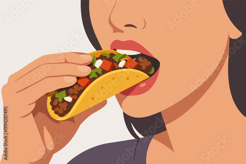 Woman taking a bite of a savory taco filled with meat and toppings, enjoying a quick and satisfying meal