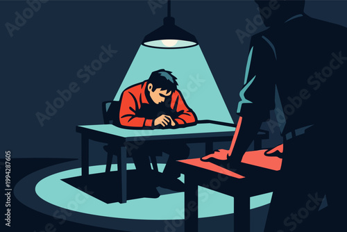 Man with head down during questioning, feeling pressure from a detective in shadowy police interrogation room