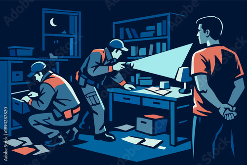 Law enforcement officers searching an apartment at night, investigating a home with a flashlight and a resident