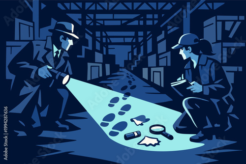 Investigators examining crime scene in warehouse, finding footprints and clues under flashlight beam