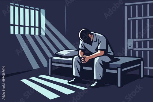 Inmate sitting with head down in a prison cell, light from a barred window creating shadows, symbolizing loneliness and regret