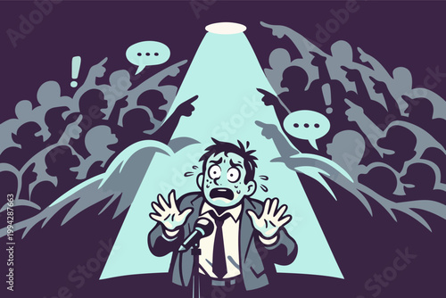 Public speaker experiencing stage fright, sweating under a spotlight, facing an audience pointing fingers and judging