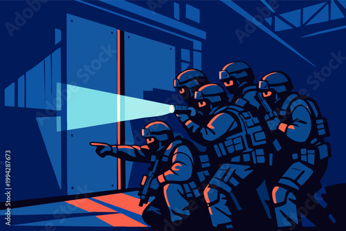 Tactical squad conducting night operation, preparing for breach in dark warehouse with flashlight beam