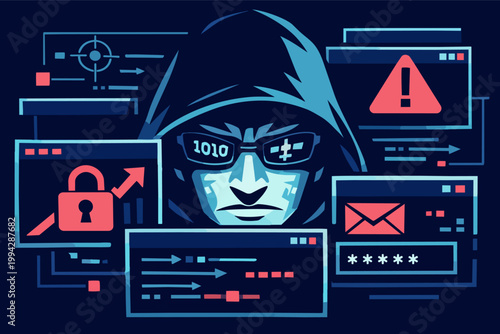 Hooded hacker illustrating cyber crime, data security breach, online fraud, and internet privacy issues