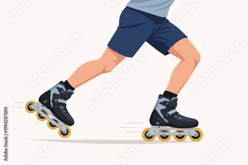 Person in rollerblades inline skating, moving fast with speed lines, enjoying outdoor fitness and exercise