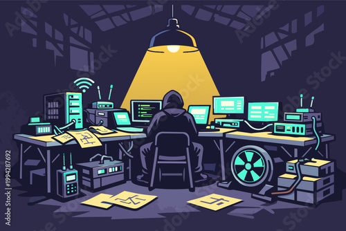Hooded hacker working on multiple computers in a dark room, illustrating cybercrime, data breach, and internet security threats