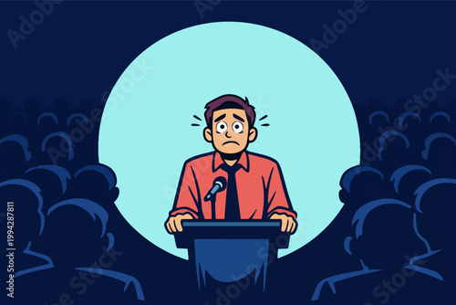 Man experiencing stage fright and public speaking anxiety, feeling nervous and stressed at a podium with audience