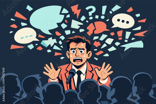 Man struggling with glossophobia or fear of public speaking, feeling panic and stress at a conference or presentation