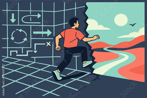 Person stepping from a complex grid of arrows and wrong turns onto an open landscape with a winding road