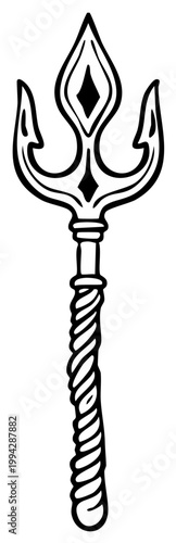 Single Black and White Trident Spear Symbol with Twisted Staff Design Illustration