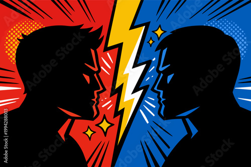 People having a fierce debate, facing off in a comic-style conflict rivalry