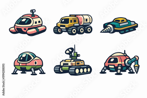 Cartoon space vehicles set exploring planets and future technology concepts