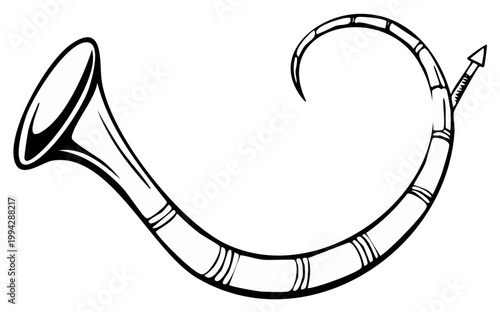 Curved horn musical instrument with decorative bands and a flag accent