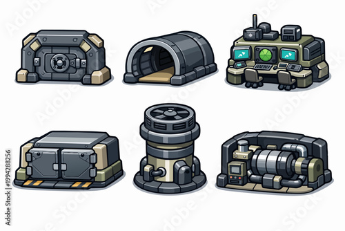 Sci-fi game base building elements isometric vector art set