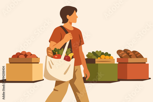 Person shopping at local farmers market with reusable bag promoting sustainable living