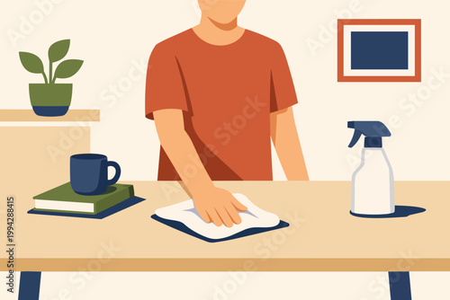 Person cleaning table surface with cloth and spray bottle, doing housework