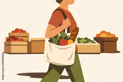 Woman carrying reusable shopping bag with groceries, promoting sustainable lifestyle