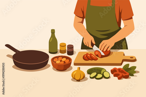 Chef slicing fresh tomato on cutting board, preparing healthy meal in kitchen