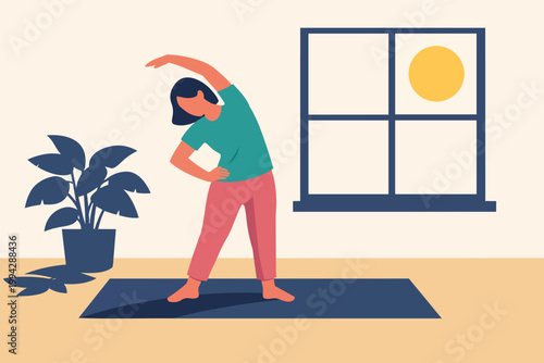 Woman stretching in an indoor exercise session, focusing on health and fitness at home