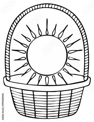Empty Basket for Easter or Picnic with Decorative Circle, Outline Hand Drawn Illustration