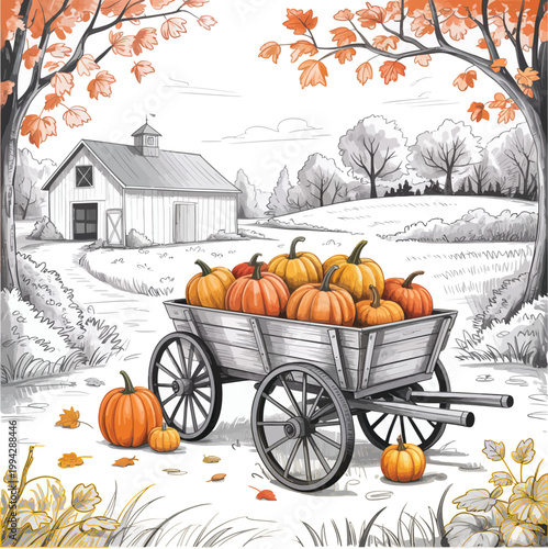 Fall harvest illustration, pumpkin wagon with barn autumn scene selective color pencil sketch landscape artwork