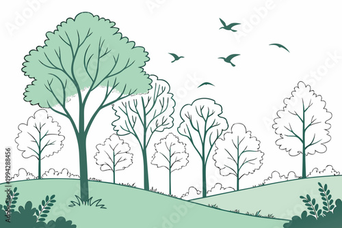 Minimal flat forest with trees, birds, and soft green tones.