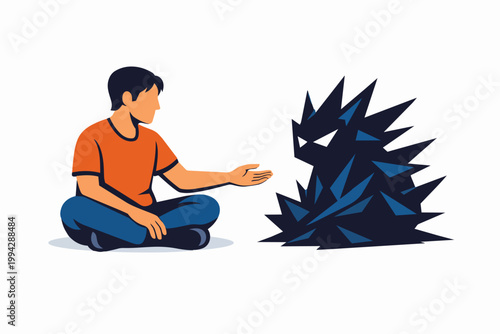 Person extending helping hand to mental health monster illustration