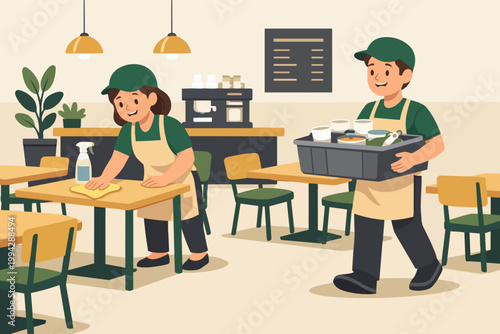 Cafe staff team cleaning and clearing tables, providing restaurant service and hospitality