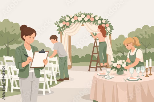 Event planners preparing outdoor wedding ceremony arch, chairs, and dinner table