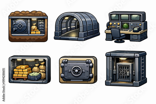 Bank vault, bunker, and control room elements for game security and wealth themes