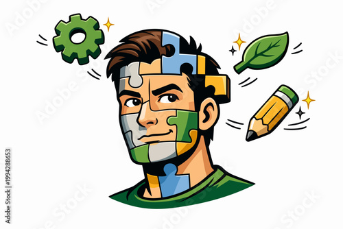 Man with puzzle piece face representing creative problem solving and strategic thinking