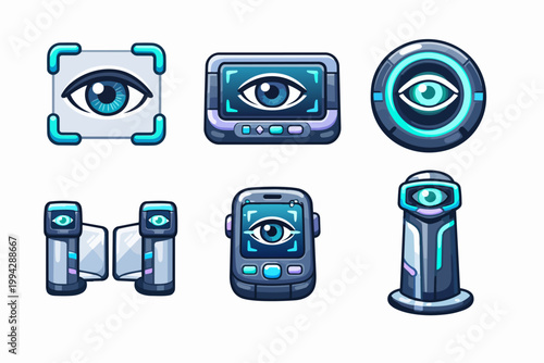 Biometric security system icons with iris scan technology and human eye recognizing