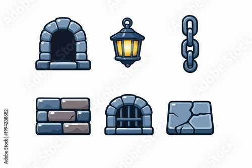 Fantasy dungeon game assets including stone arch, lantern, brick wall, and iron bars