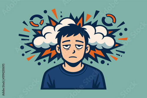 Man experiencing stress, burnout, and headache, overwork and mental health problem