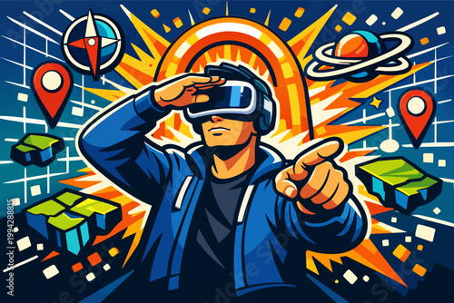 Man exploring virtual reality metaverse, discovering digital destinations and future worlds
