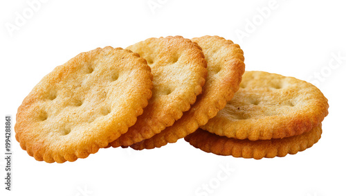 Foto Stacked round wheat crackers with holes and golden brown crusts