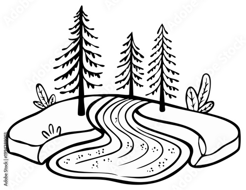Hand-drawn Landscape with River and Pines Illustration, Black and White Nature Outlines